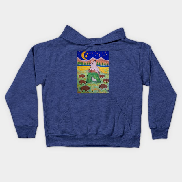 Montana Wolves and Bison Kids Hoodie by Oregon333